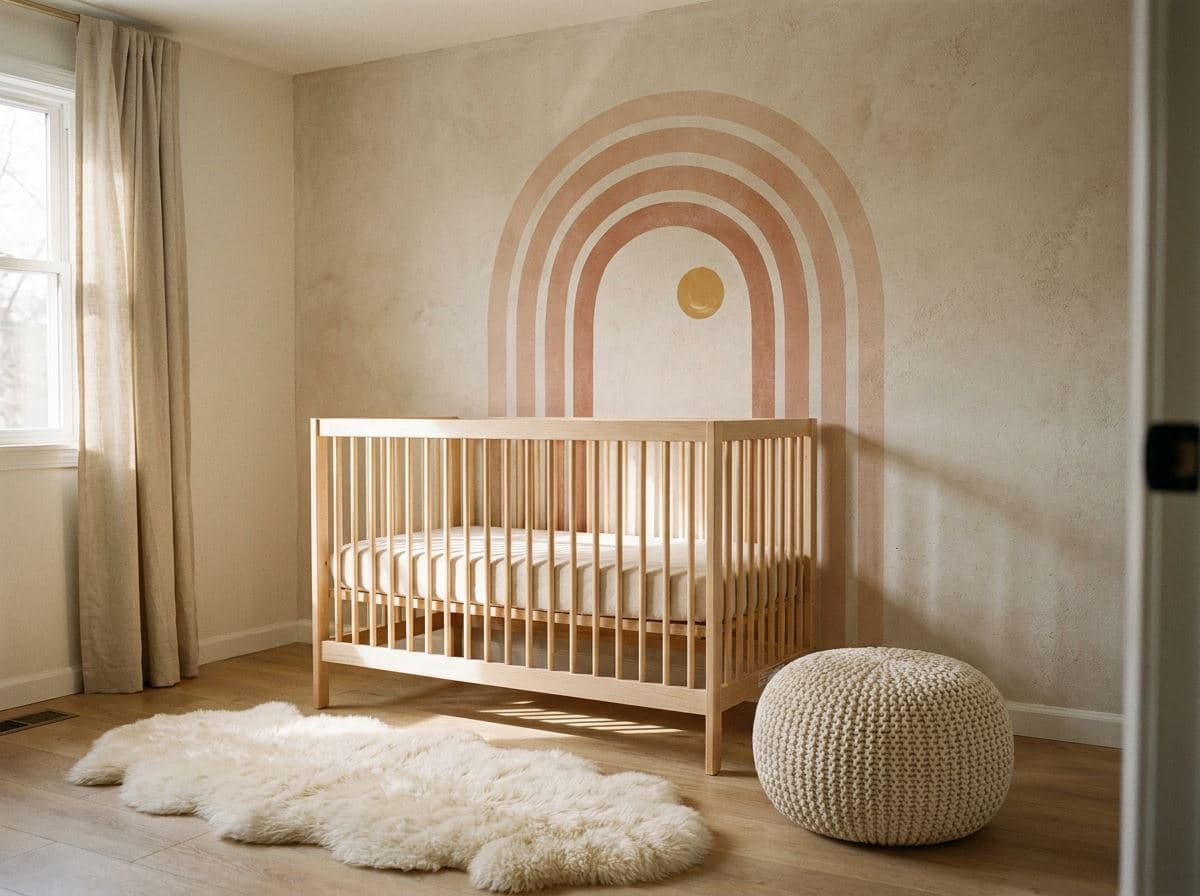 Zachte muurprint met terracotta bogen achter een wieg in een babykamer