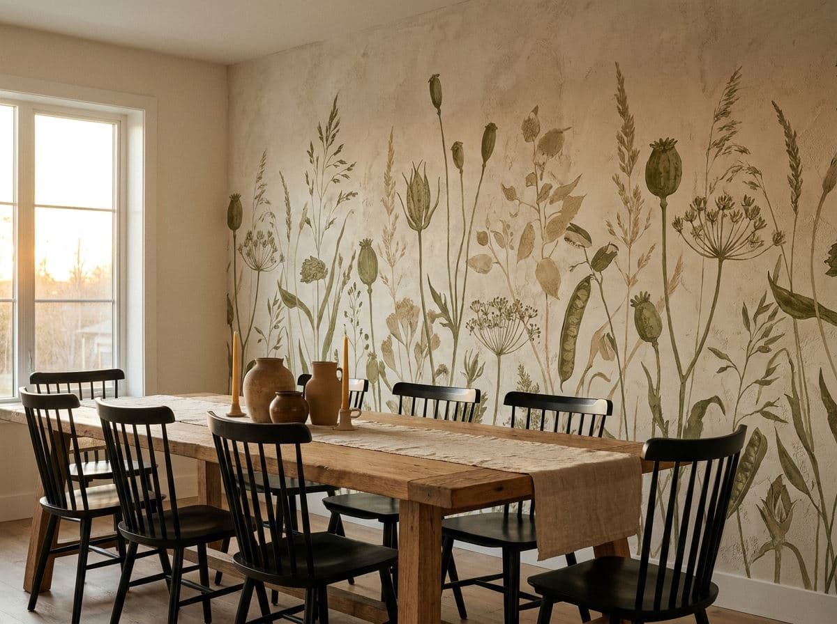 Botanische muurprint met grassen en zaaddozen in een eetkamer