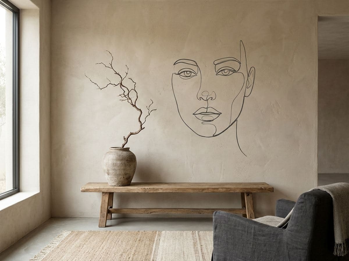 Minimalistische lijntekening als muurprint op een kalkverf wand