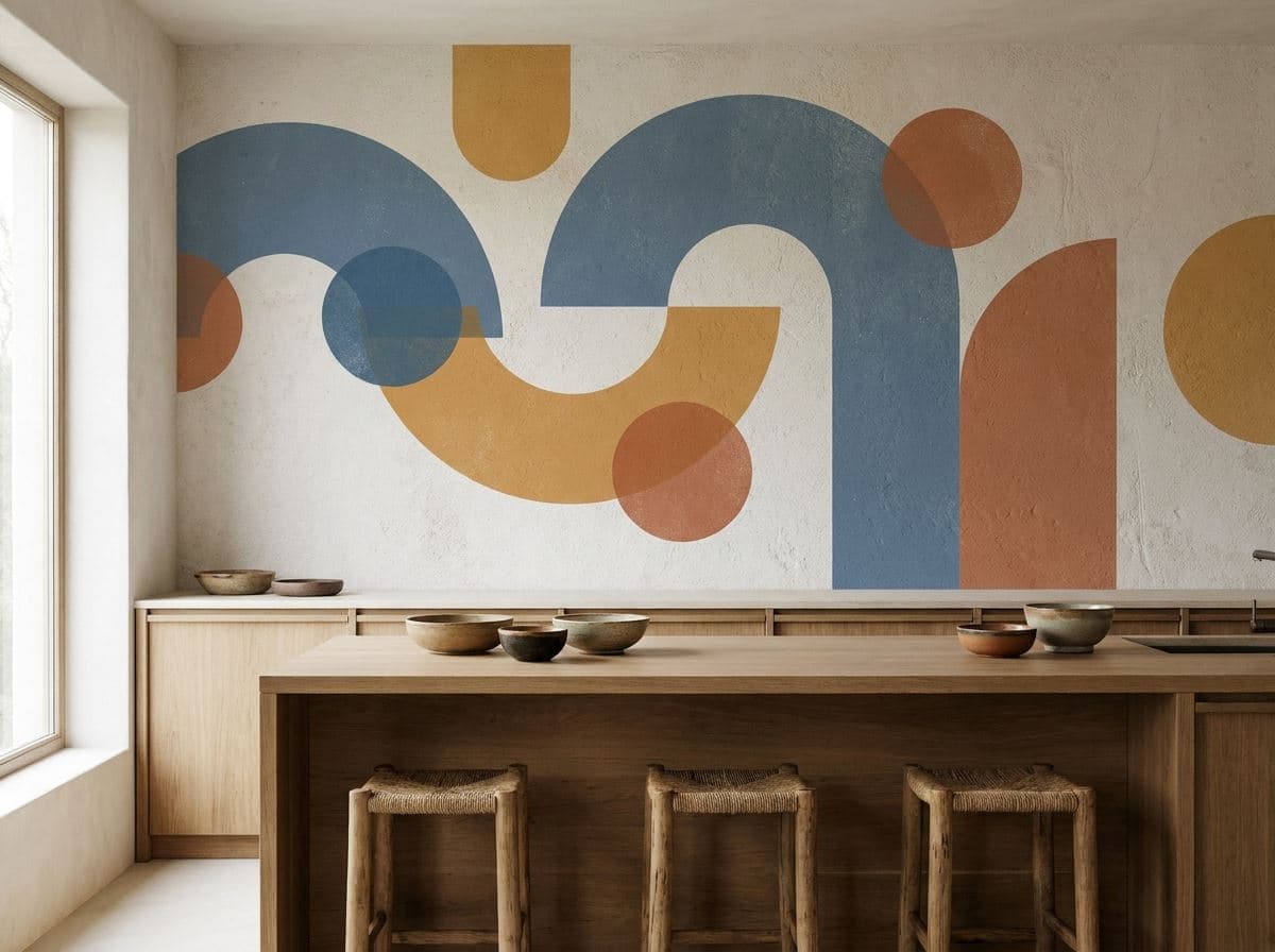 Geometrische muurprint boven het aanrecht in een moderne keuken