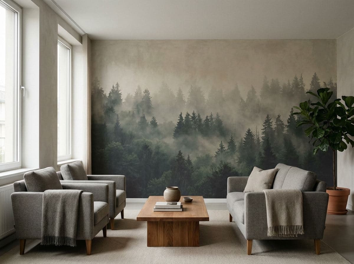 Panoramisch boslandschap als muurprint in een kantoorlounge