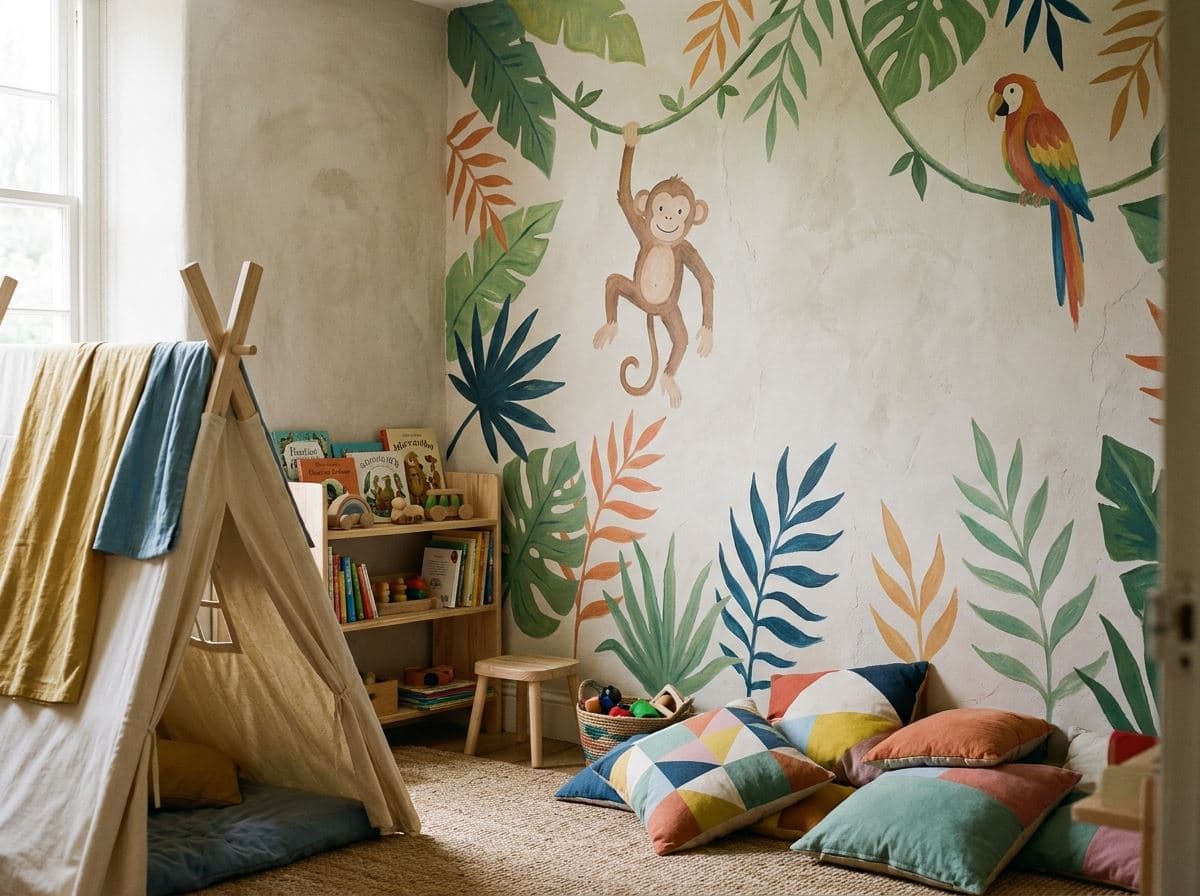 Jungle-muurprint met aapje en papegaai in een speelhoek