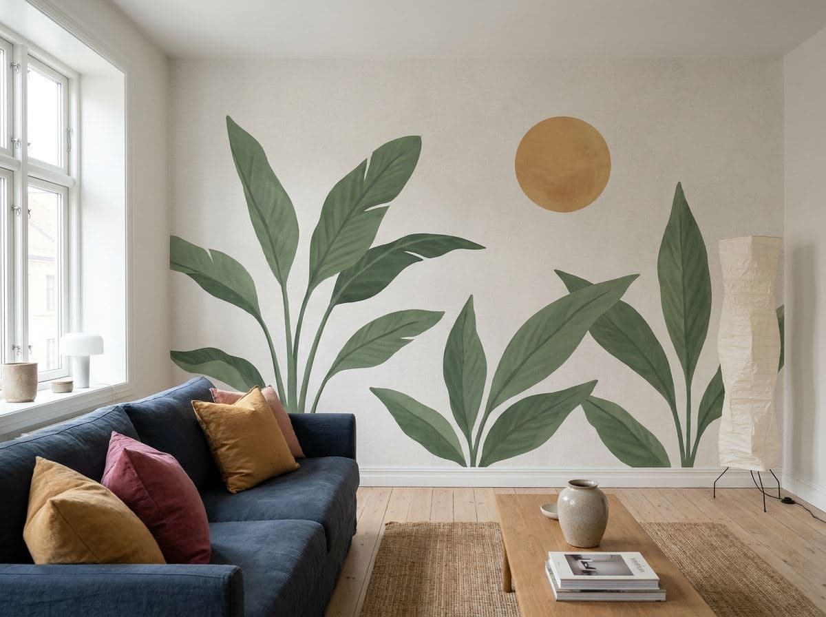 Botanische muurprint die rechtstreeks op de woonkamerwand wordt geprint